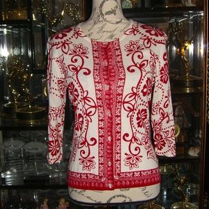 KATE HILL RED WHITE FLORAL PRINT CARDIGAN SWEATER